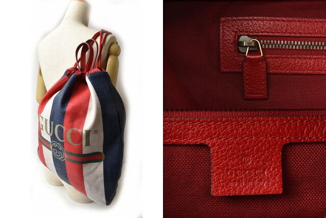 Gucci Backpack Drawstring Gucci Stripe Canvas Leather Logo Tricolor Red Blue