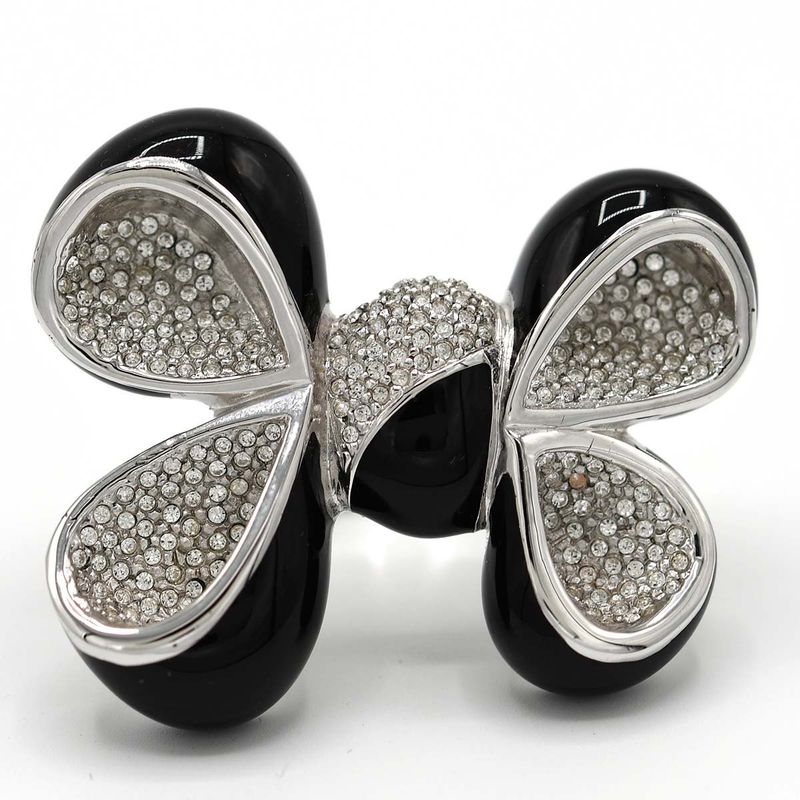 Christian DIOR Ring Rhinestone Ribbon #11.5 Black Silver Color Approx 33.6g