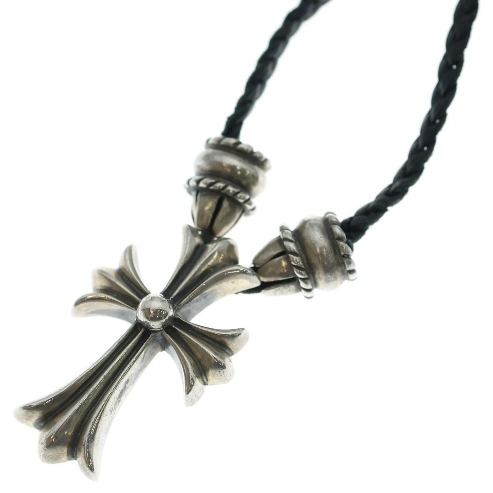 Chrome Hearts CH Crs Sml CL Small CH Cross Crimp Leather Braid Necklace Silver