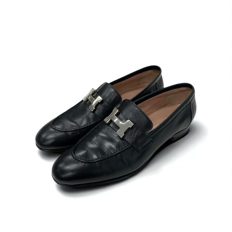 Hermes Paris Loafer Leather Shoes Black Silver Hhardware Moccasin Flat