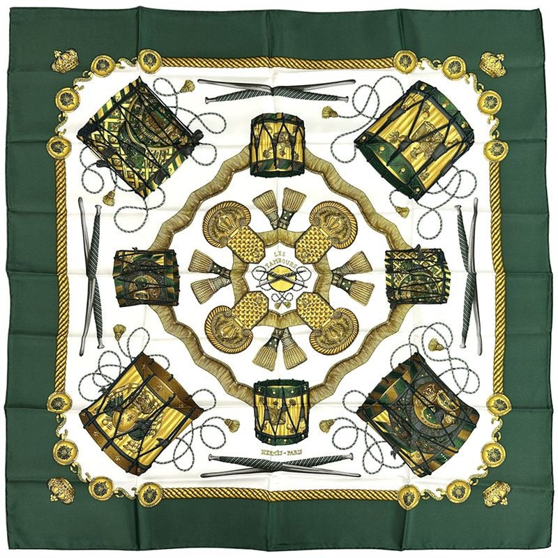 Hermes Scarf Carre 90 les Tambours Tambour Drum Silk Green
