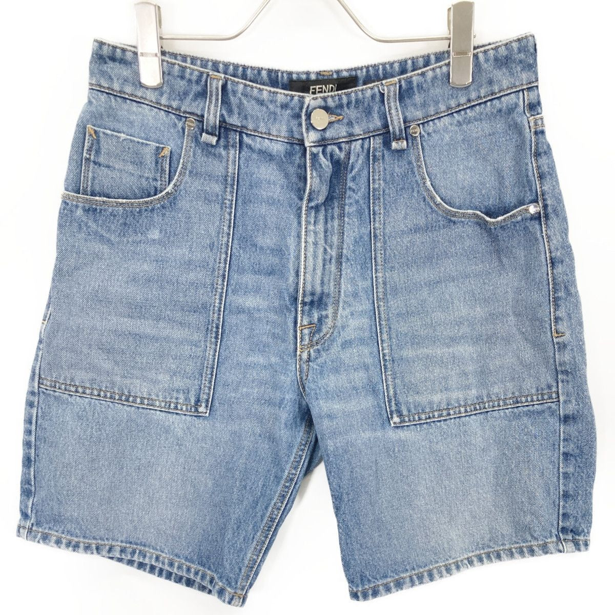 Fendi Blue Cotton FF Metal Plate Zip Fly Denim Shorts Pants
