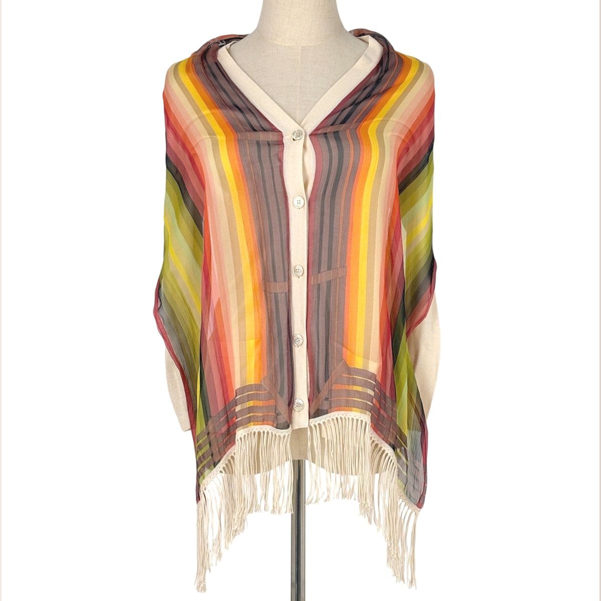Hermes Shawl Silk Cardigan Fringe Lightweight Logo Button Top