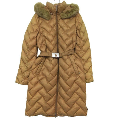 Moncler Down Jacket Brown Tag Quilted Coat Detachable Fur Beige