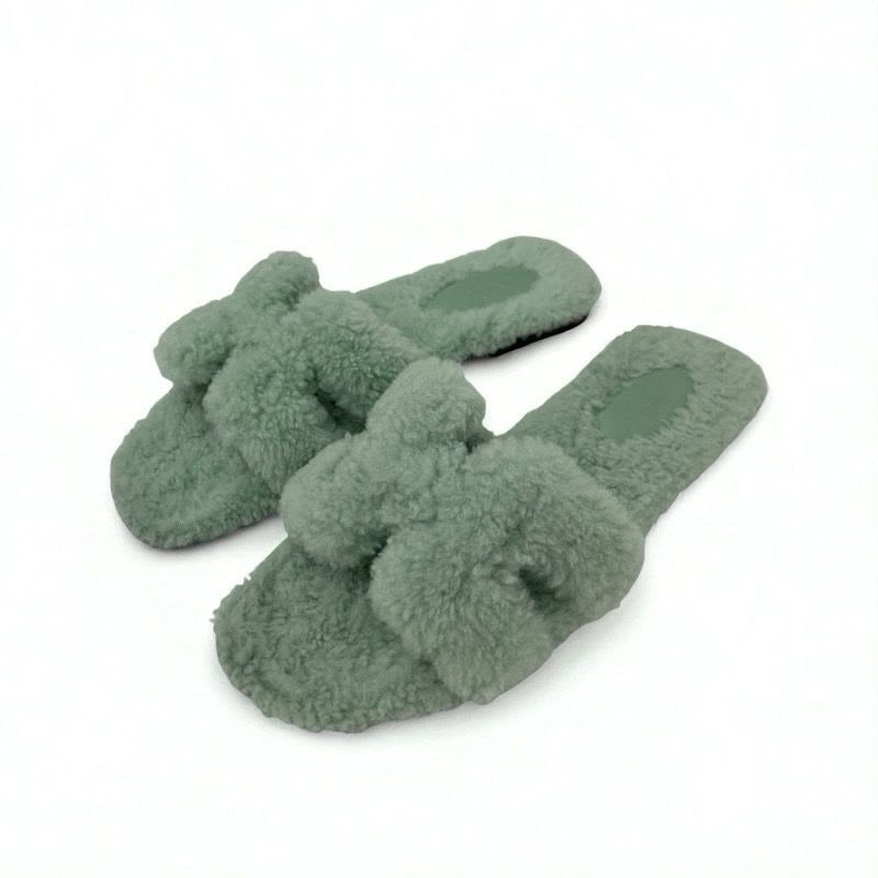 Hermes Oran Sandals Shoes Shearling Green Flat Mule