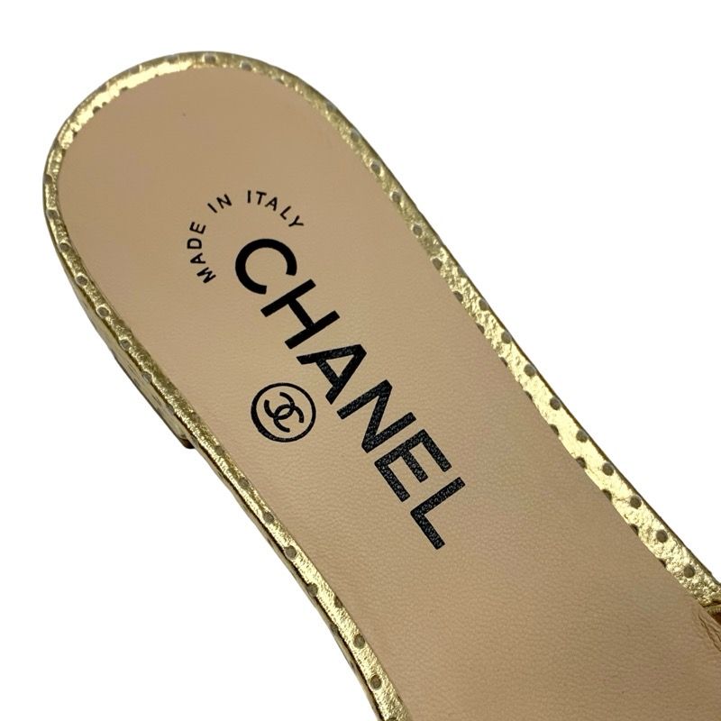 Chanel Sandals Shoes Leather Gold Flat Sandals Mules Coco Mark Punching