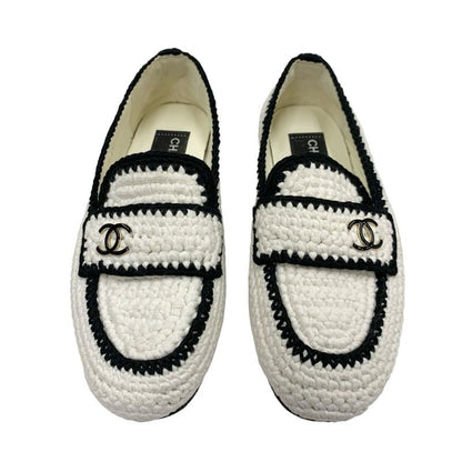 Chanel Flat Shoes Fabric White Black Here Mark Braided