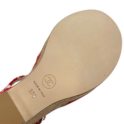 Chanel Sandals Shoes Tweed Cork Red White Unused Here Mark