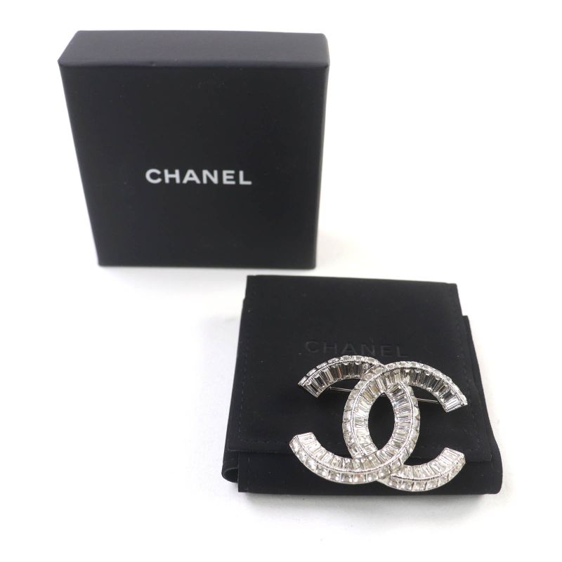 CHANEL A23V A63085 Rhinestone Coco Mark Brooch Accessory Silver With Box And
