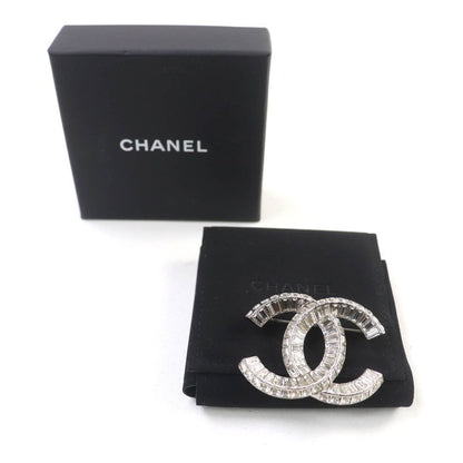 CHANEL A23V A63085 Rhinestone Coco Mark Brooch Accessory Silver With Box And
