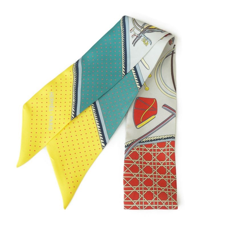 Hermes Twilly Folding Covered Carriage 100% Silk Multicolor Yellow