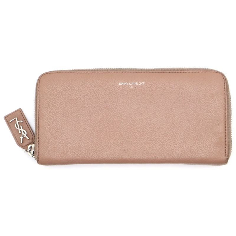Saint Laurent Paris Round Zipper Long Wallet Card Case Pink Beige