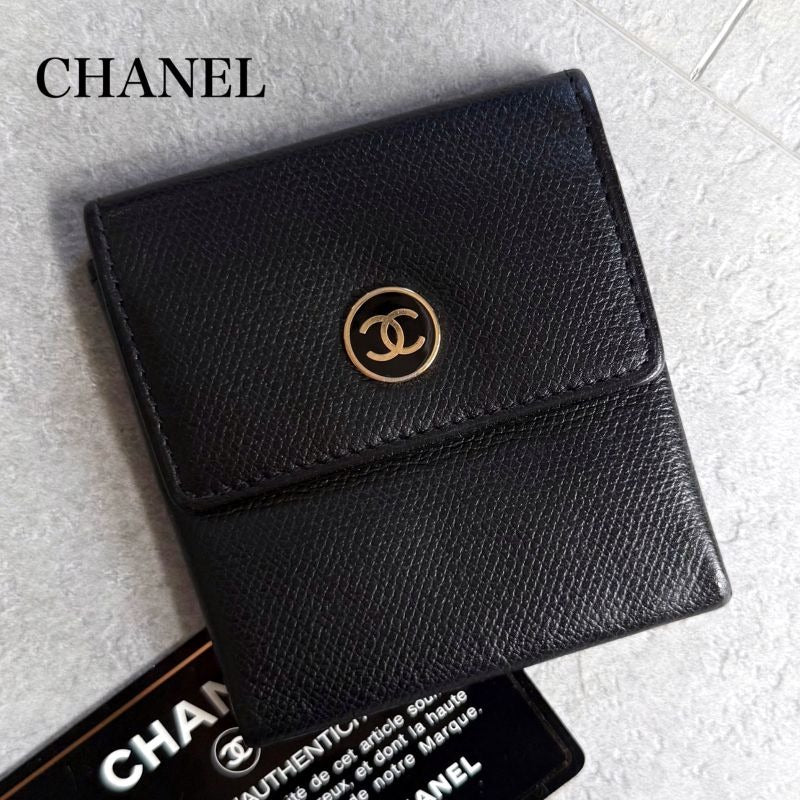 Chanel Coco Button Mark Leather Coin Case Black Gold Hardware Compact