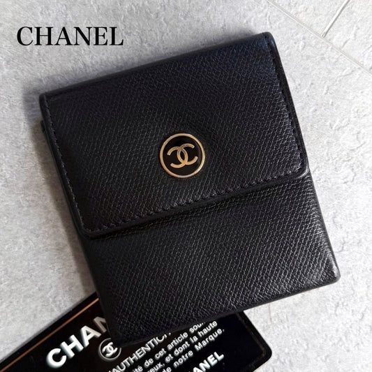 Chanel Coco Button Mark Leather Coin Case Black Gold Hardware Compact