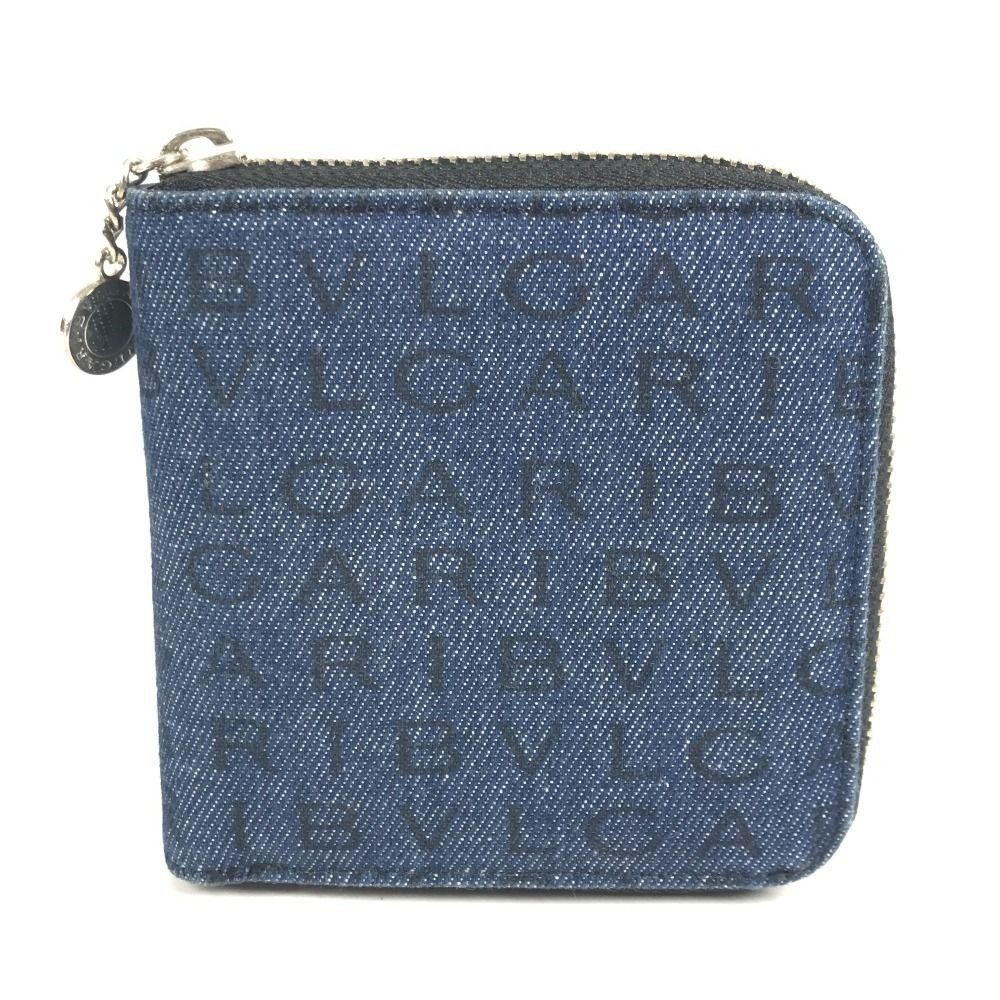 Bvlgari Bifold Wallet Logo Mania All Over Pattern Denim Leather Blue