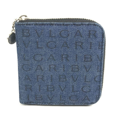 Bvlgari Bifold Wallet Logo Mania All Over Pattern Denim Leather Blue