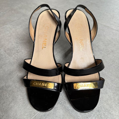 Chanel Logo Sandals Patent Leather Black Gold 37 24cm (9.45in)