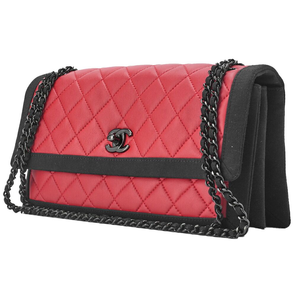 Chanel Matelasse Chain Shoulder Lambskin And Nylon Red And Black (black