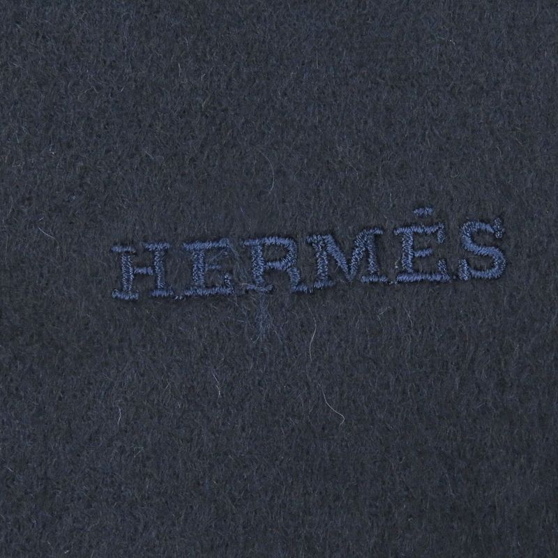 Hermes 100% Cashmere Logo Embroidery Embroidered Fringe Scarf Shawl Navy With