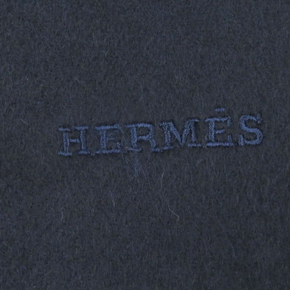 Hermes 100% Cashmere Logo Embroidery Embroidered Fringe Scarf Shawl Navy With