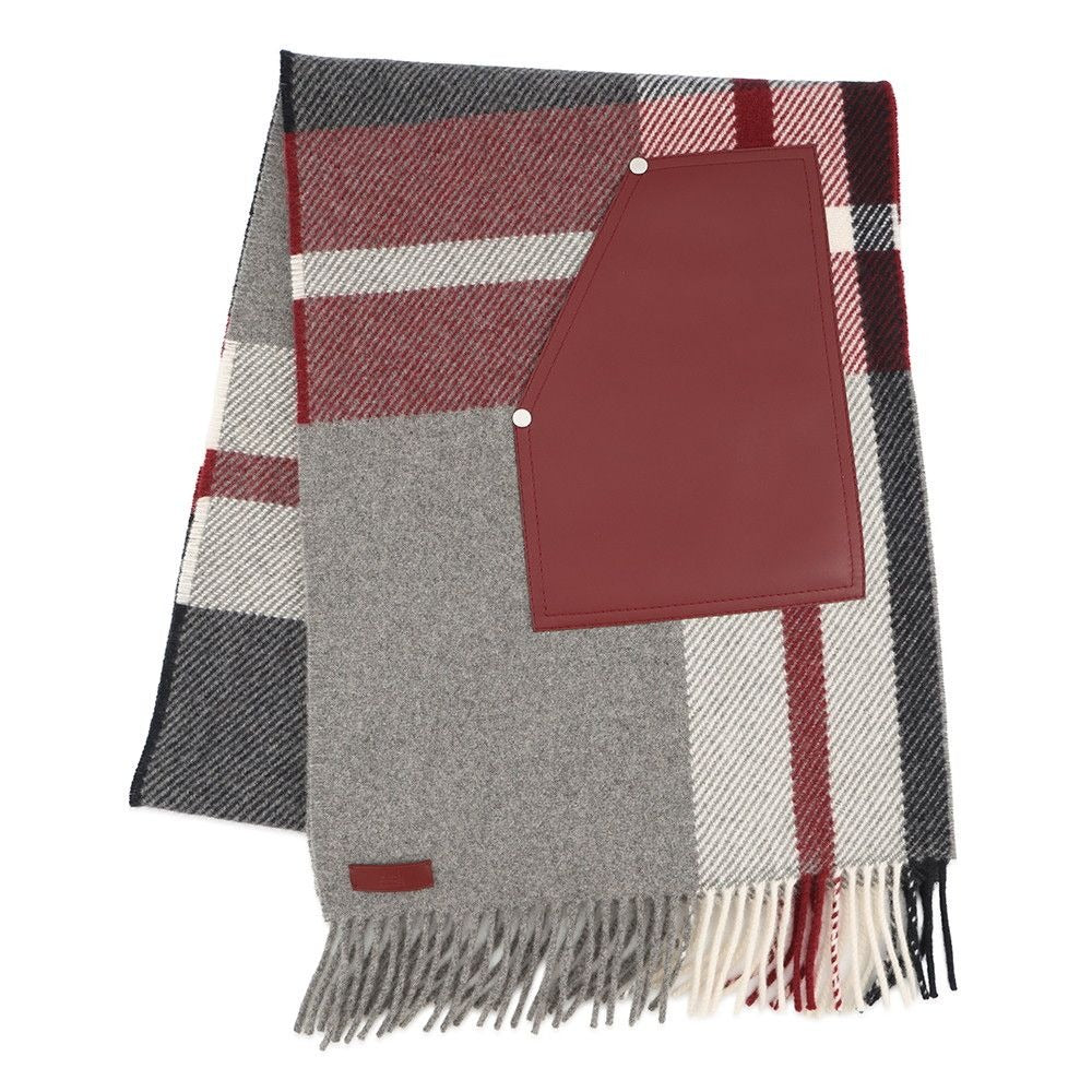 Hermes Scarf Tartan Pocket Cuirelle Applique Cashmere Shawl Gray Marine Rouge Ash