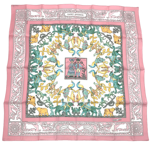 Hermes Carrée 90 Early America Old America Animal Print Scarf Silk Pink With Bag