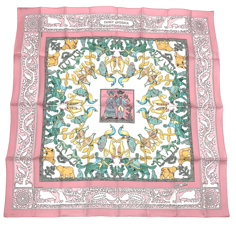Hermes Carree 90 Early America Old America Animal Print Scarf Silk Pink With Bag