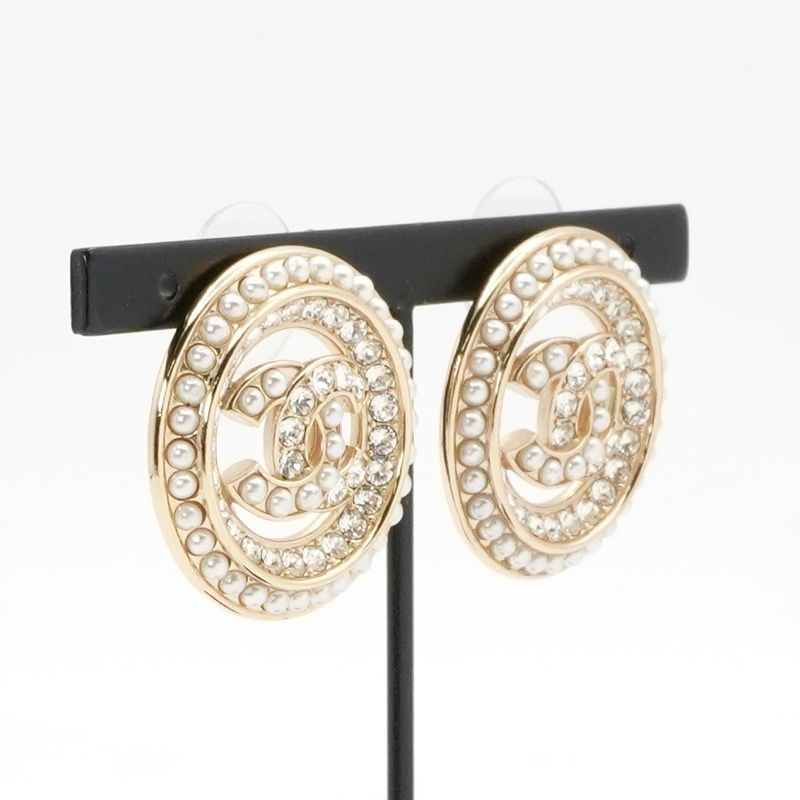 Chanel Earrings Earring Gold Coco Mark Round Rhinestone