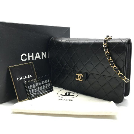 Chanel CC Logo Quilted Pushlock Lambskin Chain Shoulder Bag Black Purse