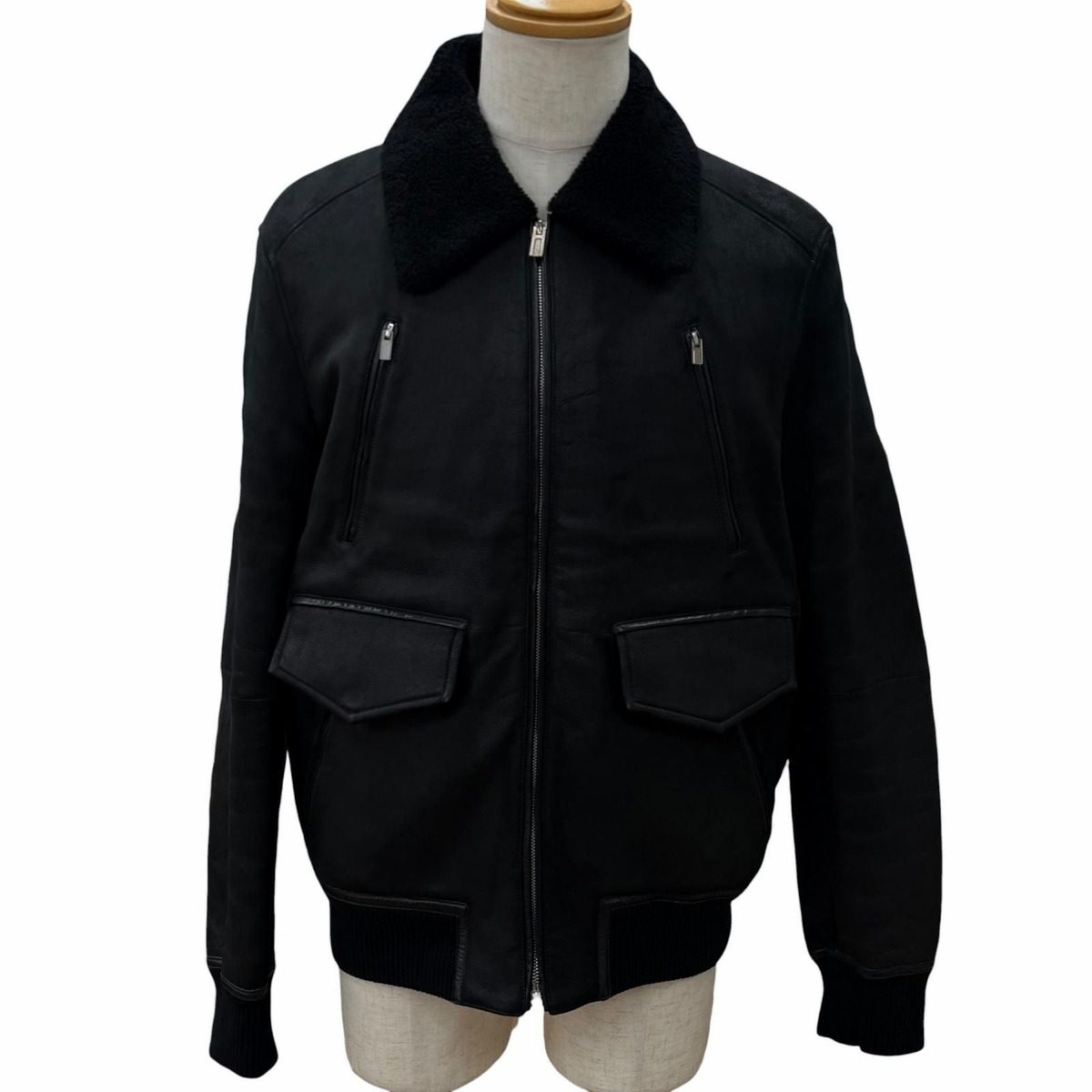 Hermes Series Button Double Zip Up Shearling Jacket Black 50