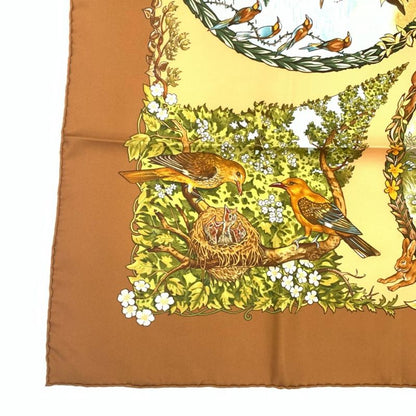 Grade Hermes Carre 90 LES Quatre Saisons Four Seasons Brown Animal Flower Scarf