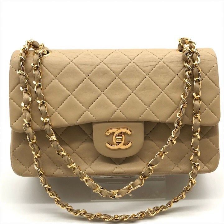 Chanel CC Logo Quilted Double Flap Chain Lambskin Shoulder Bag Beige