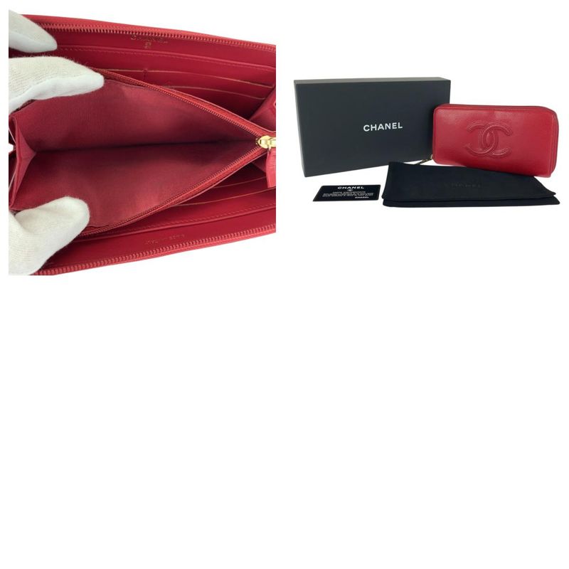 Chanel Coco Mark Red Gold Hardware Leather Long Wallet Round Zipper Ladies
