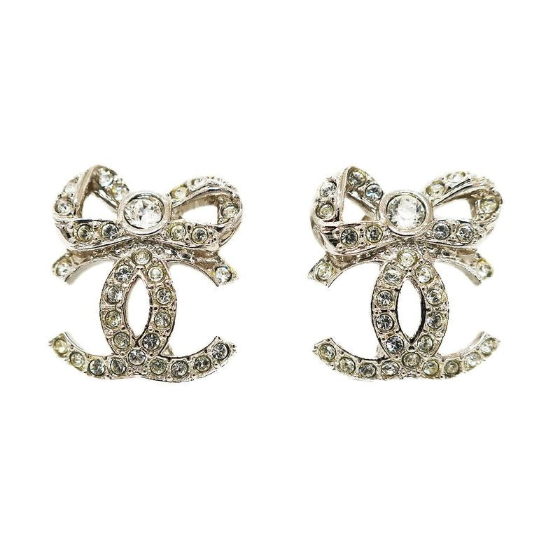 Chanel Ribbon Coco Mark Pair Silver Rhinestone Plated