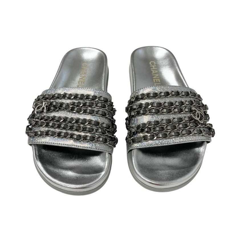 Chanel Sandals Shoes Leather Silver Coco Mark Chain Flat Mule