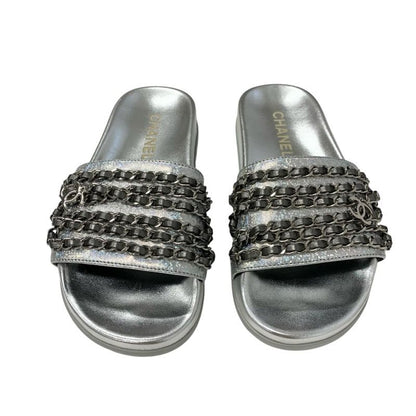 Chanel Sandals Shoes Leather Silver Coco Mark Chain Flat Mule