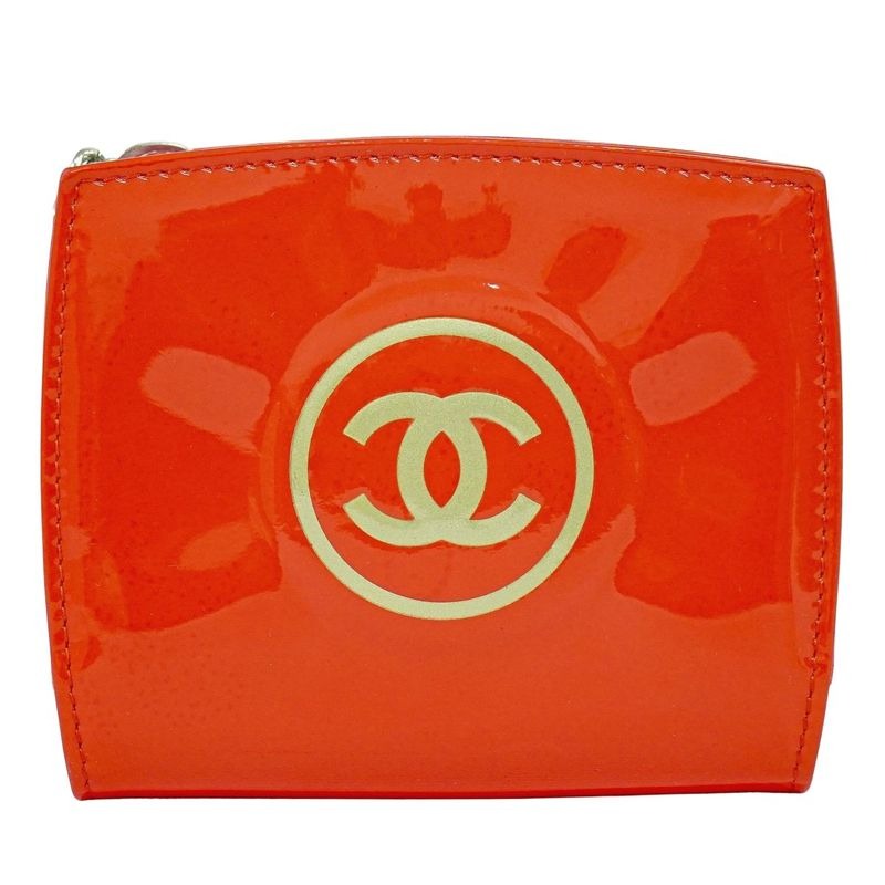 Chanel Coco Mark Fold Wallet Compact Patent Leather Orange