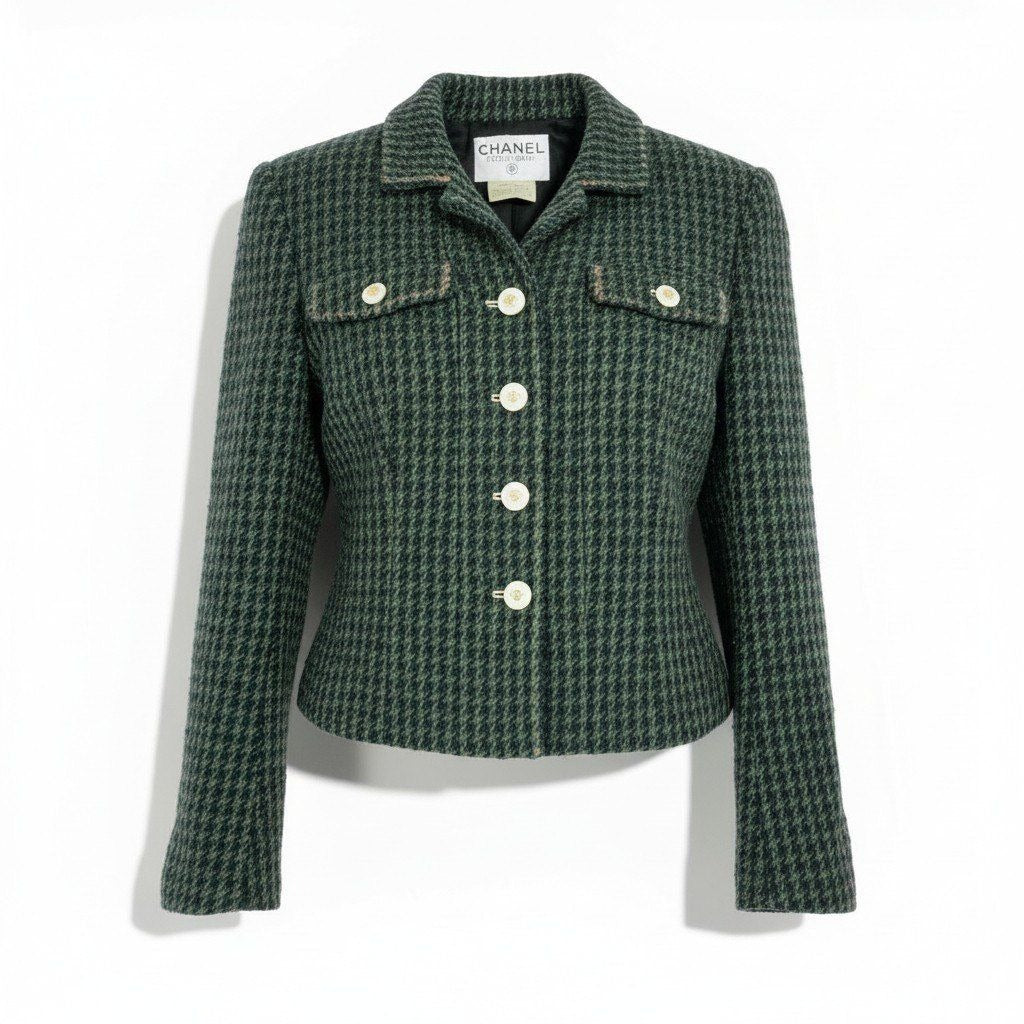 Chanel Collection CC Logo Button Tweed Short Jacket 40 Dark Green