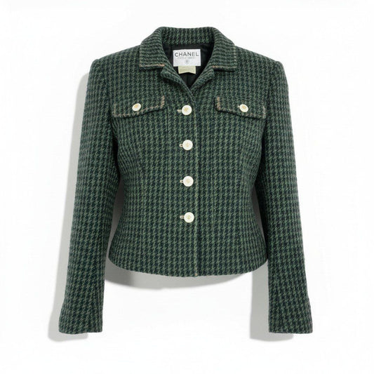 Chanel Collection CC Logo Button Tweed Short Jacket 40 Dark Green