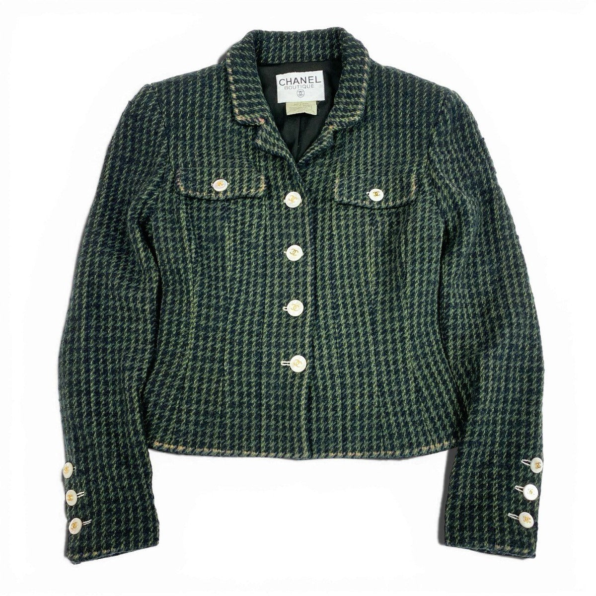 Chanel Collection CC Logo Button Tweed Short Jacket 40 Dark Green — view 2