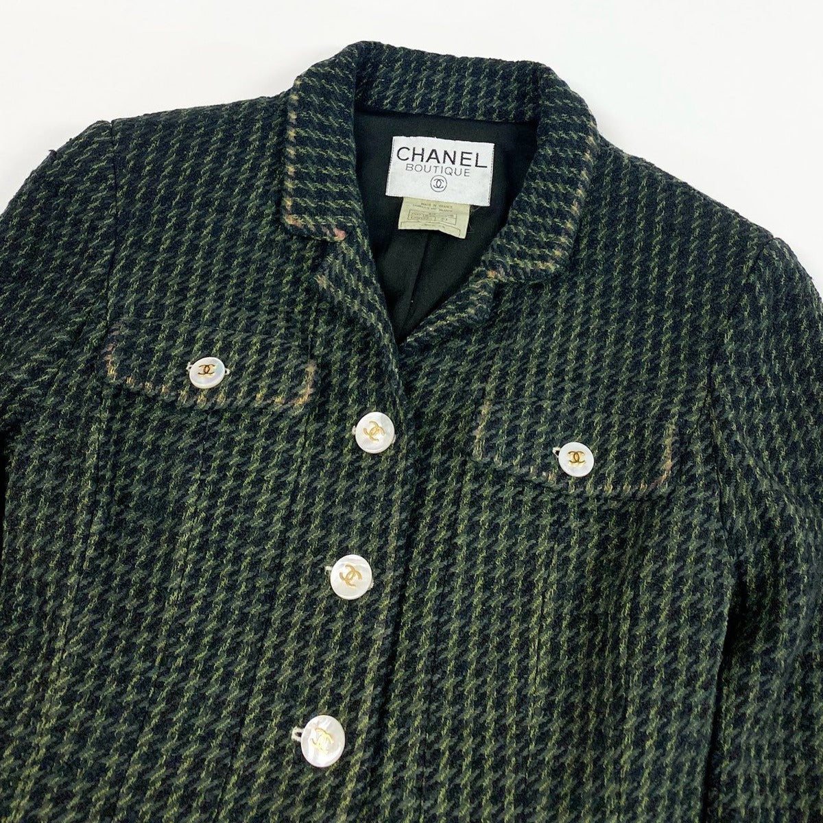 Chanel Collection CC Logo Button Tweed Short Jacket 40 Dark Green — view 4