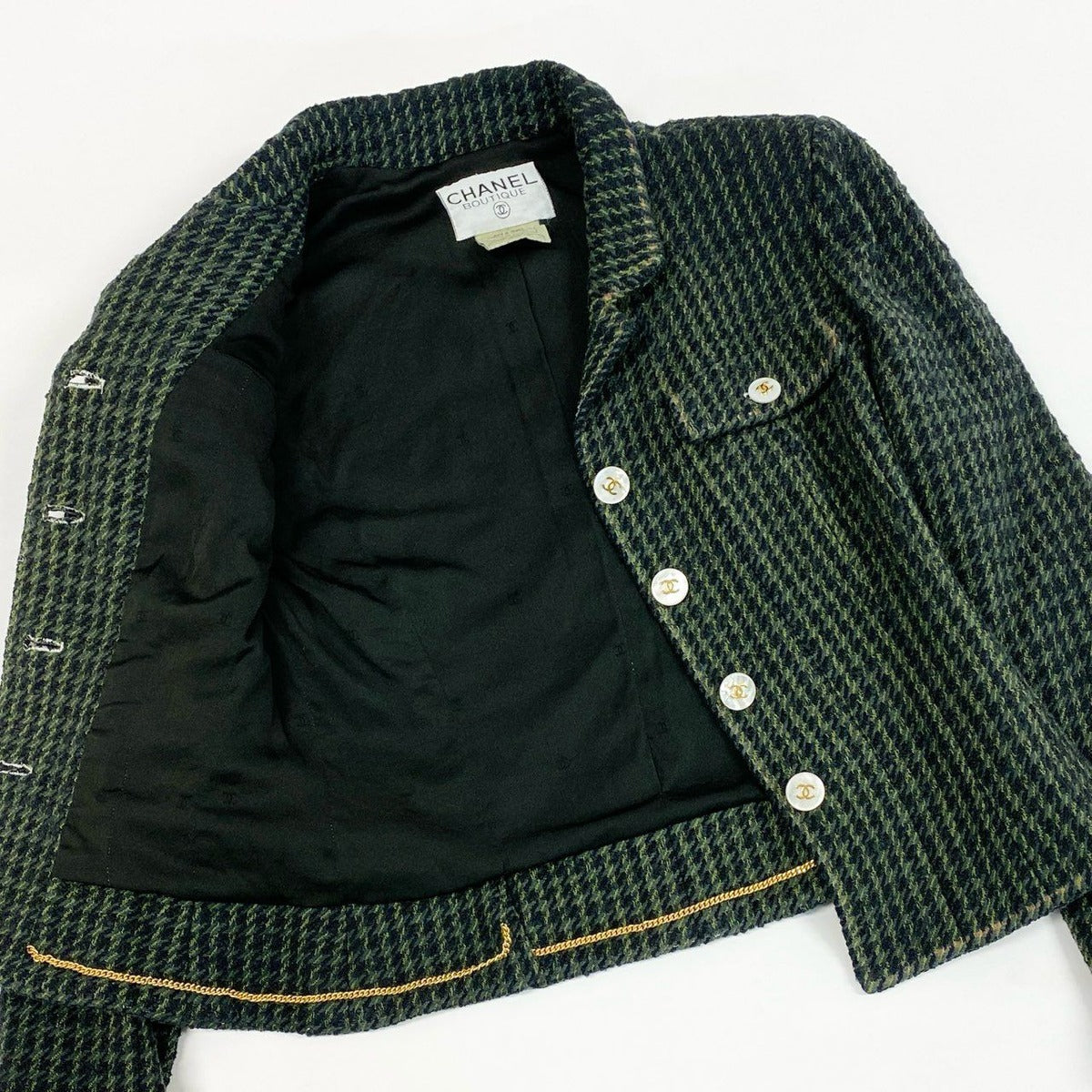 Chanel Collection CC Logo Button Tweed Short Jacket 40 Dark Green — view 6
