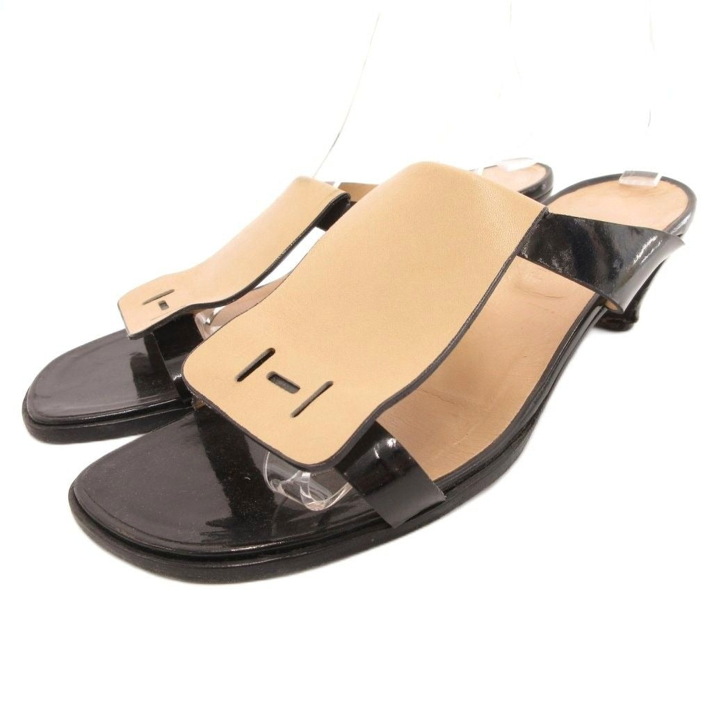 Hermes Mule Sandals Leather Heel 39.5 Beige Black