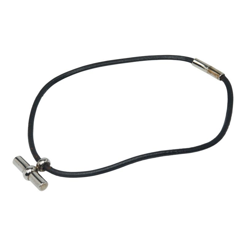 Hermes Glenan Necklace Choker Silver Black Metal Leather Women Hermes