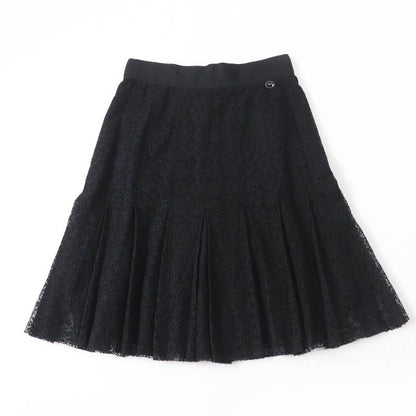 CHANEL P51456v38481 Chain Button Flower Lace Pleated Skirt Black 38 Made In