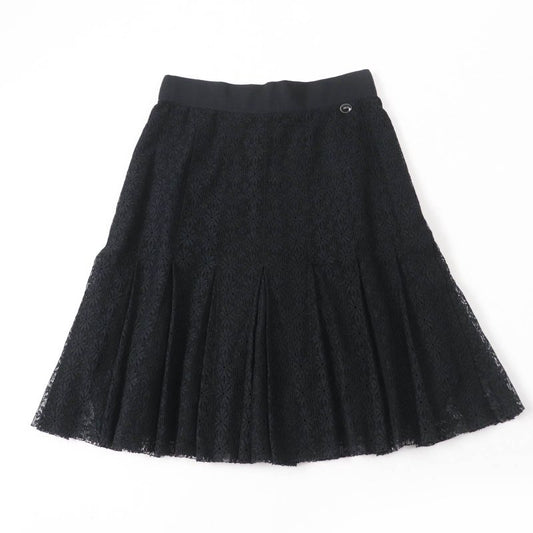 CHANEL P51456v38481 Chain Button Flower Lace Pleated Skirt Black 38 Made In