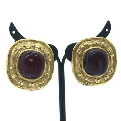 Chanel Vintage Earrings Metal Gold Red Stone