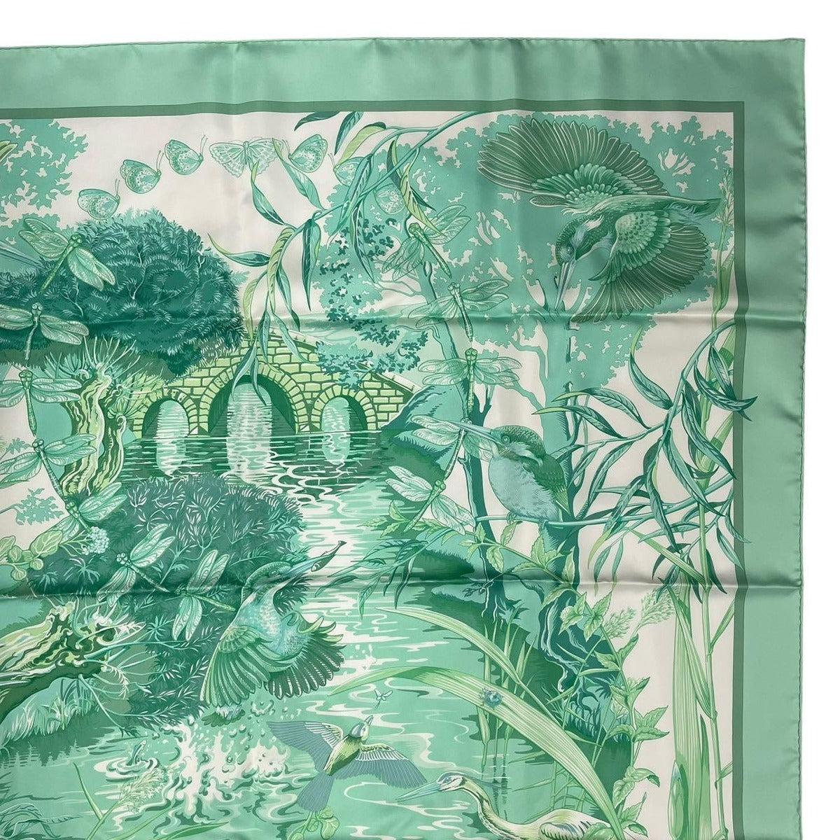 Hermes Scarf Silk Carre 90 Au Bord de L'eau by the River Jade Bird Green — view 4