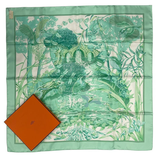 Hermes Scarf Silk Carre 90 Au Bord de L'eau by the River Jade Bird Green