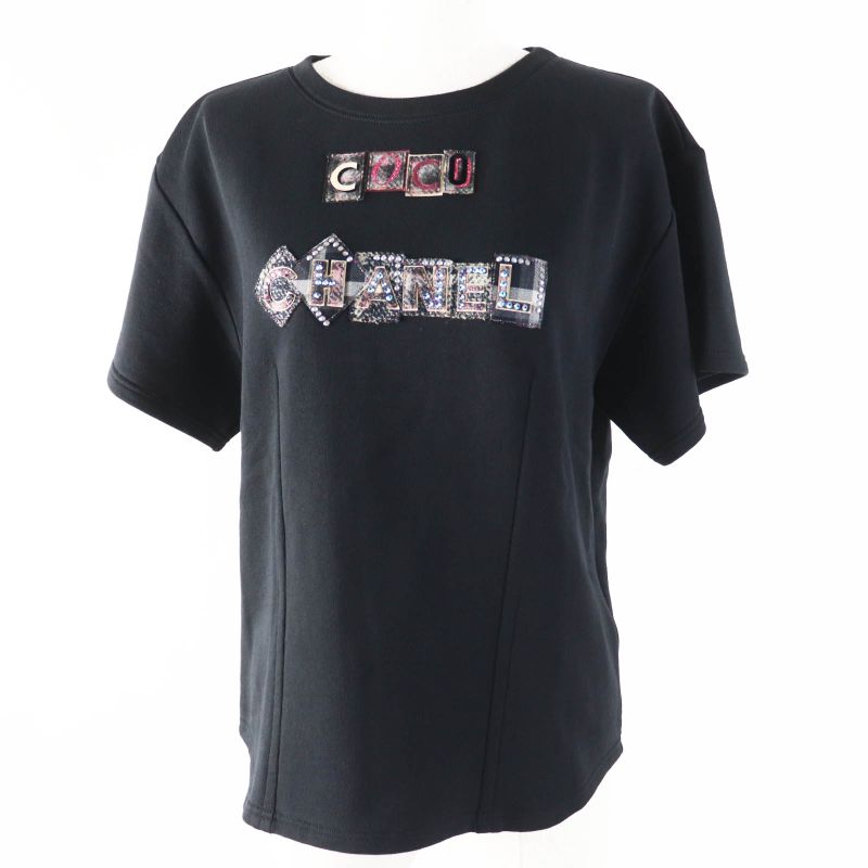 CHANEL 21B P71283 100% Cotton COCO Patch Short Sleeve T-shirt With Rhinestones